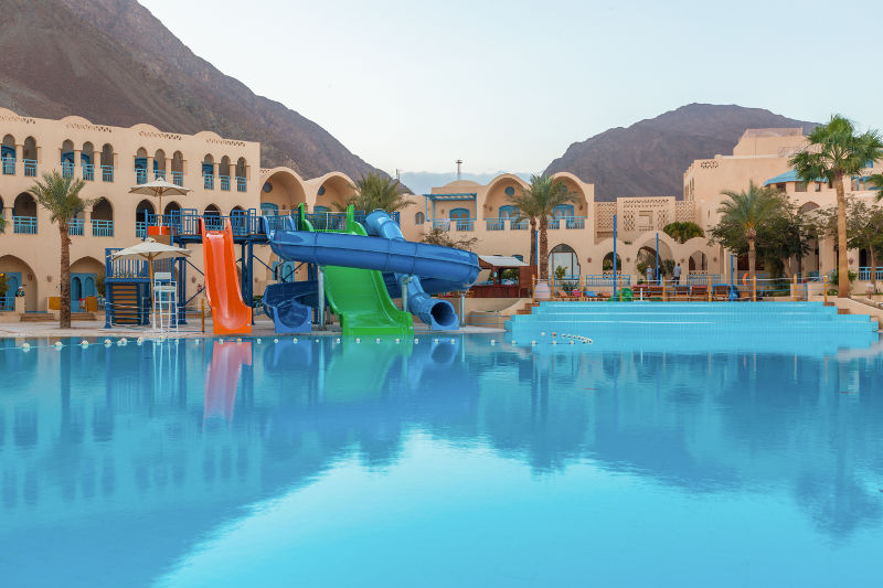 An overview of El Wekala Aqua Park and Swimming pools in Taba Heights Resort in Sinai