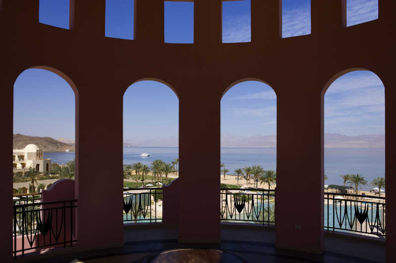 The panoramic from Mosaique Beach resort tower shows the Sea and mountains of Sinai